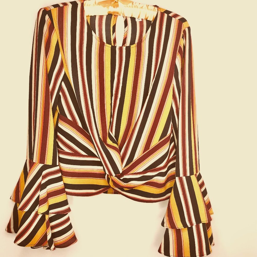 Bar III  Midnight Bloom Long Overlapping Bell-Sleeved Top  Sz M  (NWT)